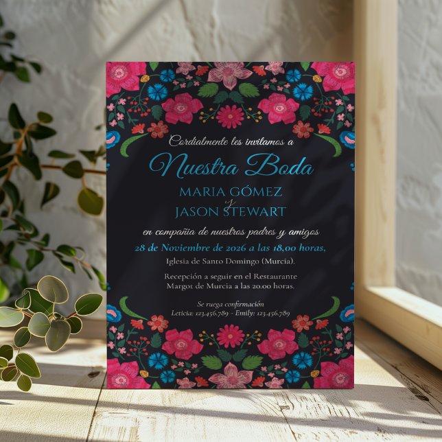 Invitation Mariage espagnol élégant et fleuri couleur marine (Navy Floral Colorful Elegant Boda Spanish Wedding Invitation)