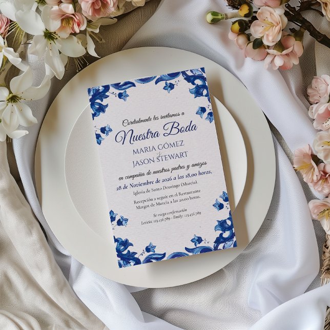 Invitation Mariage Espagnol Élégant Fiesta Floral Bleu (Blue Floral Elegant Fiesta Spanish Wedding Invitation)