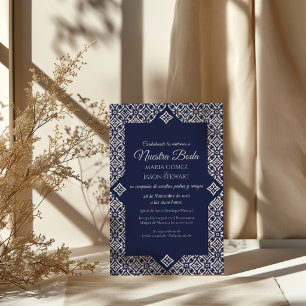 Invitation Mariage Espagnol Élégant Formel Talavera Bleu Mari