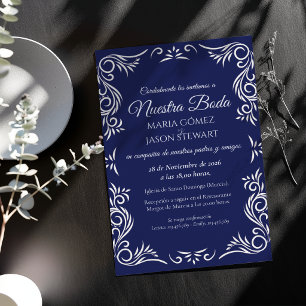 Invitation Mariage Espagnol Élégant Formel Vintage Bleu Marin