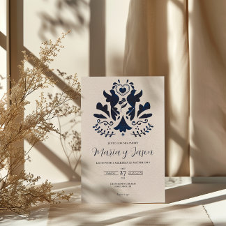 Invitation Mariage Espagnol Élégant Minimaliste Moderne Bleu