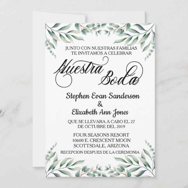 Invitation Mariage espagnol Eucalyptus Feuilles Nuestra Boda (Devant)