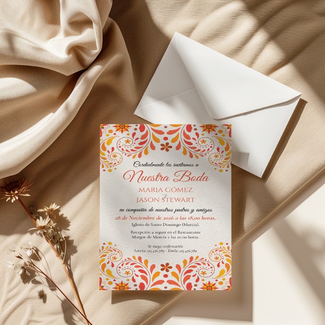 Invitation Mariage Espagnol Fleur Papillon Orange Rouge Jaune (Orange Red Yellow Butterfly Floral Spanish Wedding Invitation)