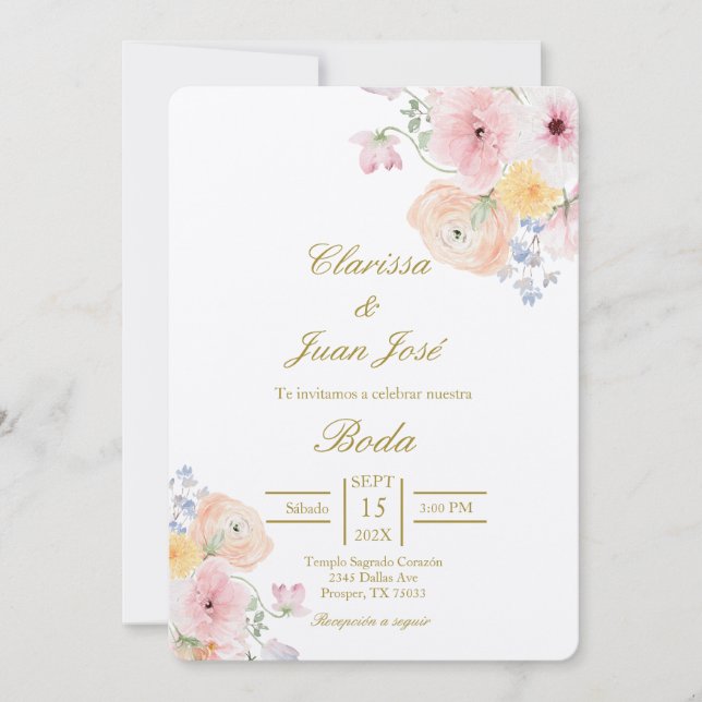 Invitation Mariage espagnol fleuri couleur eau (Devant)