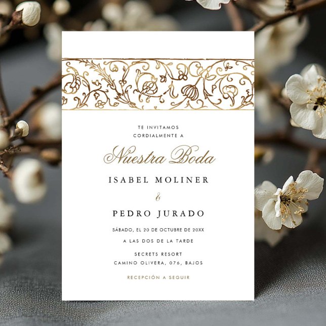 Invitation Mariage Espagnol Fleurs de Luxe en Or Nuestra Boda (Créateur téléchargé)