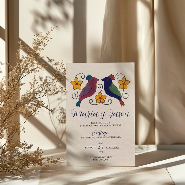 Invitation Mariage Espagnol Fleurs Magenta Bleu Marine Oiseau (Birds Floral Magenta Navy Blue Spanish Wedding Invitation)