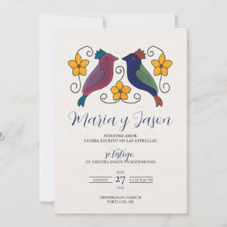 Invitation Mariage Espagnol Fleurs Magenta Bleu Marine Oiseau
