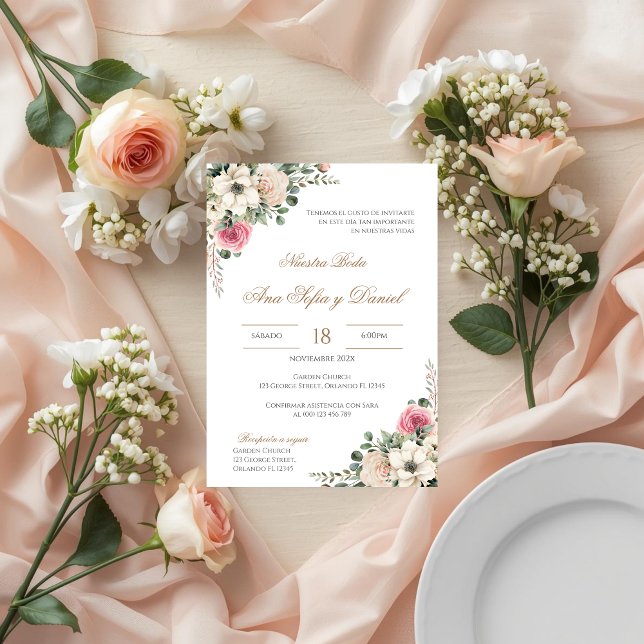 Invitation Mariage espagnol floral blanc et rose (Créateur téléchargé)