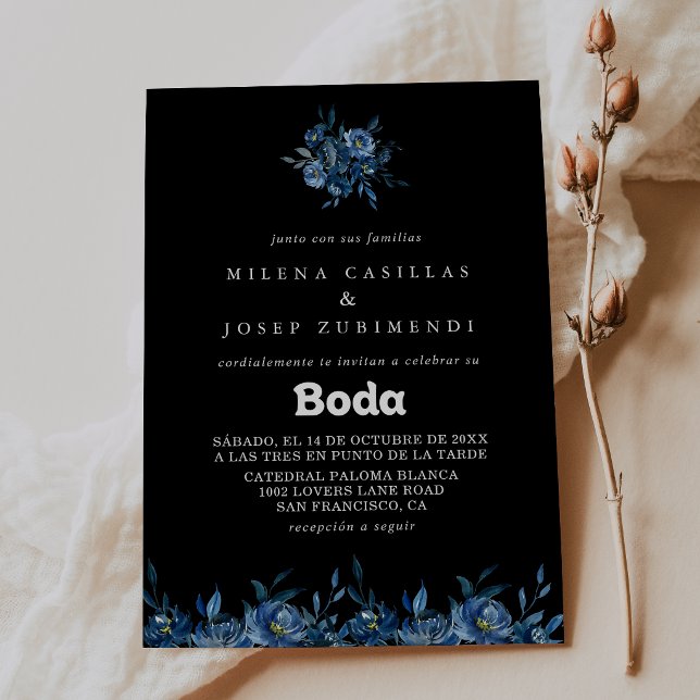 Invitation Mariage Espagnol Floral Bleu de la Royal Navy (Créateur téléchargé)