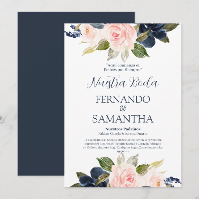 Invitation Mariage espagnol floral bleu et bleu marine (Devant / Derrière)