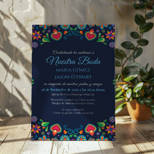 Invitation Mariage Espagnol Floral Folklorique Vintage Bleu M