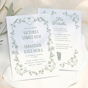 Invitation Mariage Espagnol Floral Vintage Vert Sauge