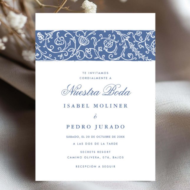 Invitation Mariage Espagnol Luxueux Fleurs Bleues Nuestra Bod (Créateur téléchargé)