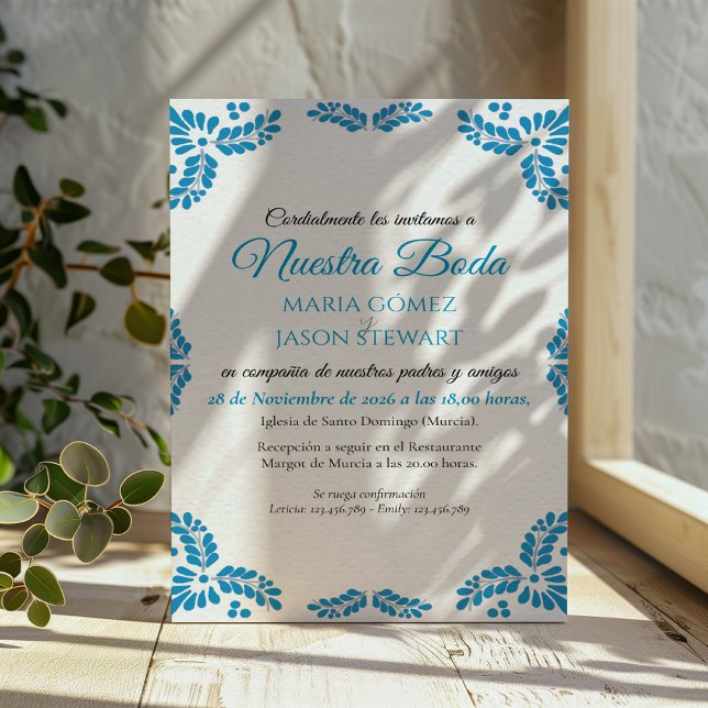 Invitation Mariage Espagnol Minimaliste Turquoise Talavera (Talavera Turquoise Minimalist Spanish Wedding Invitation)