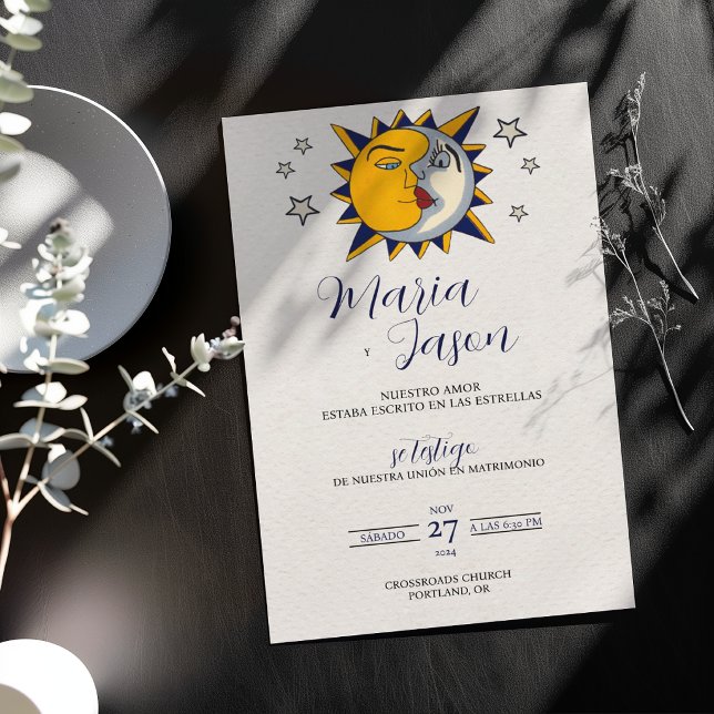 Invitation Mariage Espagnol Mystique Céleste Soleil Lune Étoi (Sun Moon Stars Mystical Celestial Spanish Wedding Invitation)