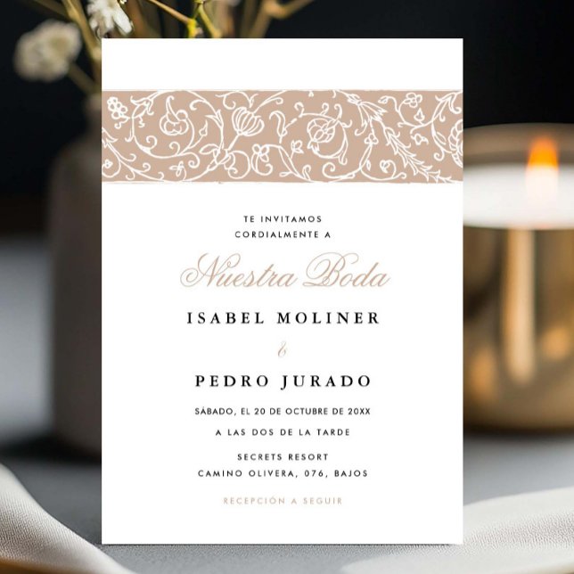 Invitation Mariage Espagnol Nuestra Boda Beige Floral Luxe (Créateur téléchargé)
