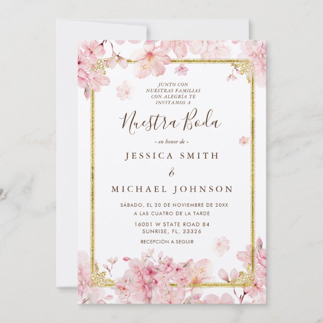 Invitation Mariage espagnol Pink Cheery Blossom Nuestra Boda (Devant)
