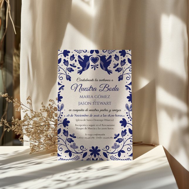Invitation Mariage Espagnol Romantique à l'Esthétique Florale (Blue Floral Romantic Aesthetic Spanish Wedding Invitation)