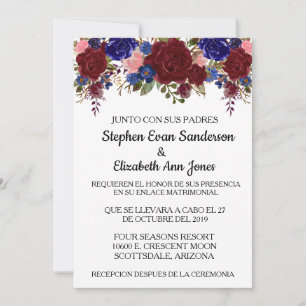 Invitation Mariage espagnol Rose Bourgogne marine aquarelle
