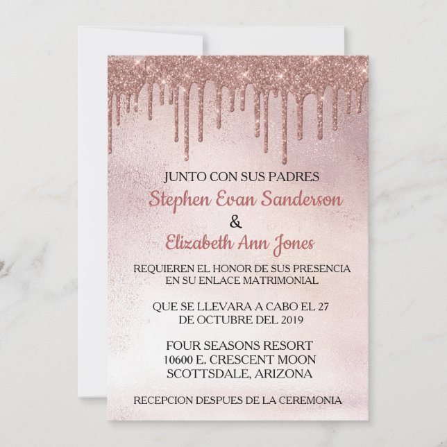 Invitation Mariage Espagnol Rose Gold Paillettes Coulantes (Devant)