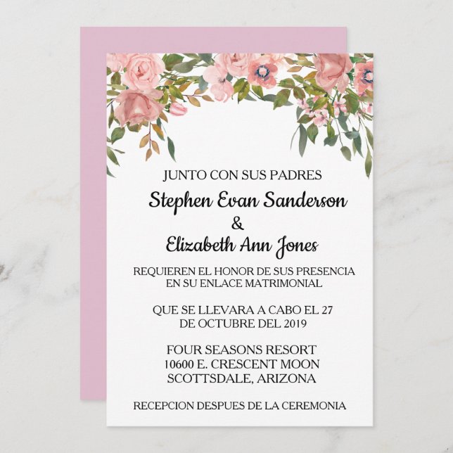 Invitation Mariage espagnol Rose rose Rosa Blush Aquarelle (Devant / Derrière)