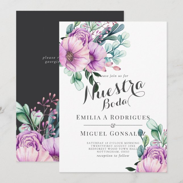Invitation Mariage Espagnol Rustique Fleur Violette Boda (Devant / Derrière)