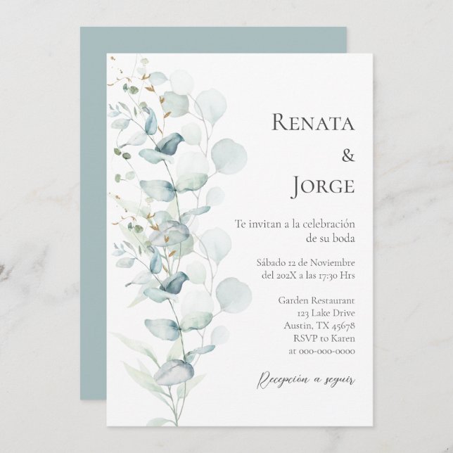 Invitation Mariage espagnol Sage Greenery (Devant / Derrière)