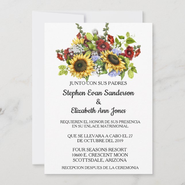 Invitation Mariage espagnol Tournesol Bourgogne Rustique (Devant)