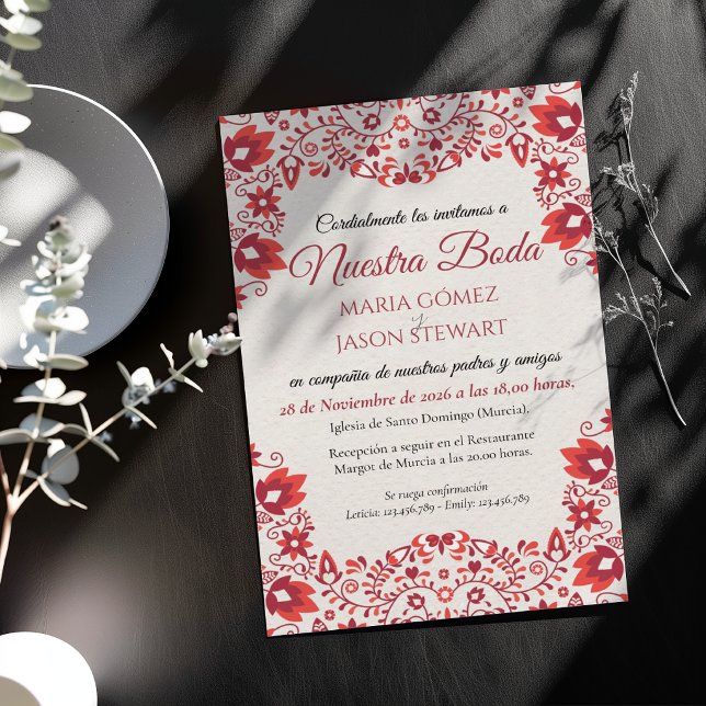 Invitation Mariage Espagnol Traditionnel d'Art Populaire à Fl (Red Floral Traditional Folk Art Spanish Wedding Invitation)
