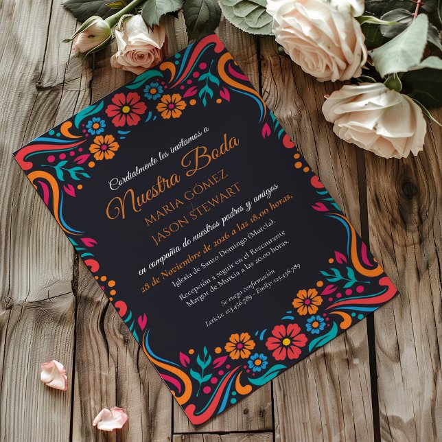Invitation Mariage Espagnol Traditionnel d'Art Populaire à Fl (Black Floral Traditional Folk Art Spanish Wedding Invitation)