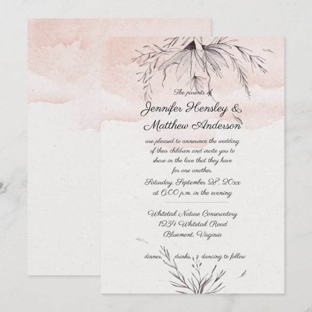 Invitation Mariage esquisse aquarelle moderne pêche et gris (Devant / Derrière)