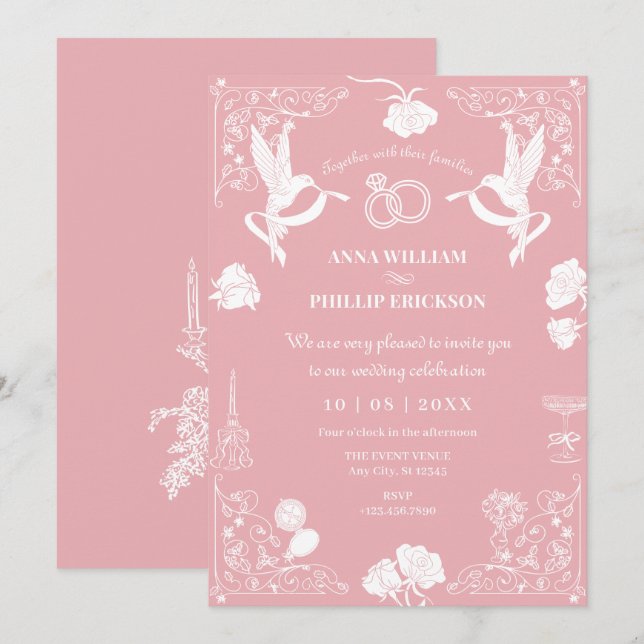 Invitation Mariage esthétique à main tiré floral (Devant / Derrière)
