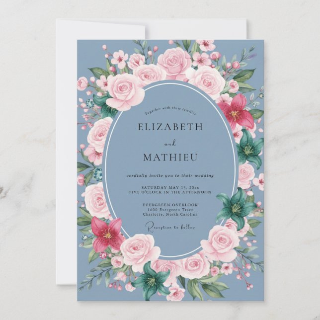 Invitation Mariage esthétique aux fleurs bleu poussiéreux (Devant)