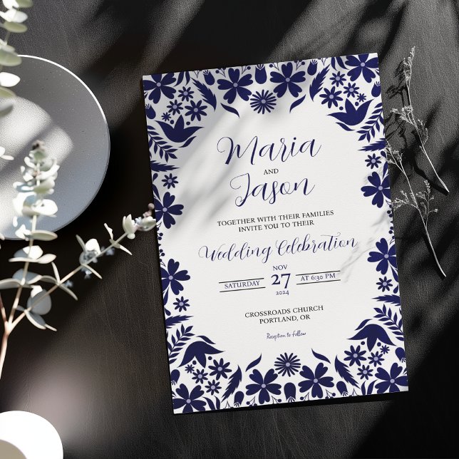 Invitation Mariage esthétique classique à fleurs bleues de la (Mexican Navy Blue Floral Classic Aesthetic Wedding Invitation)