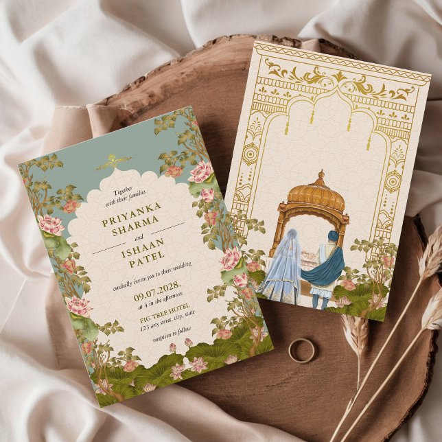 Invitation Mariage esthétique Floral Arc Indien (Indian Wedding Invitation Floral Teal Lotus Roses Gold Punjabi Hindu Wedding)