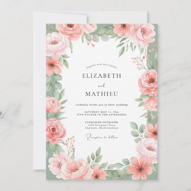 Invitation Mariage esthétique floral rose (Devant)