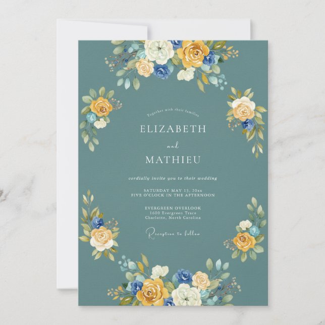 Invitation Mariage esthétique floral sarcelle (Devant)