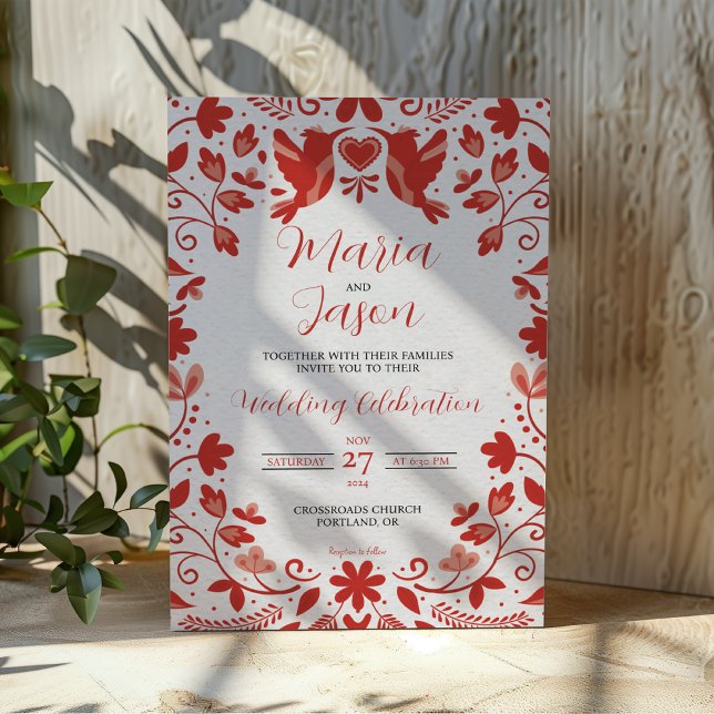 Invitation Mariage esthétique romantique de Floral rouge mexi (Mexican Red Floral Romantic Aesthetic Wedding Invitation)