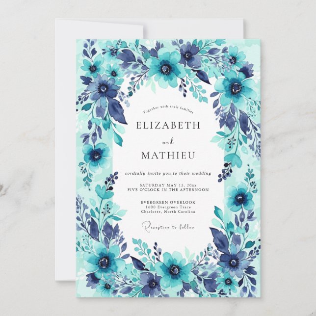 Invitation Mariage Estival Abondant de Teinte Cyan (Devant)