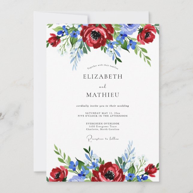 Invitation Mariage Estival aux Tons Rouges et Bleus dans un S (Devant)