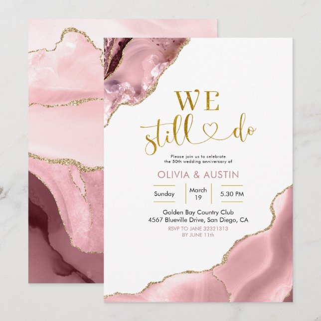Invitation Mariage et anniversaire de mariage rose et agate d (Devant / Derrière)