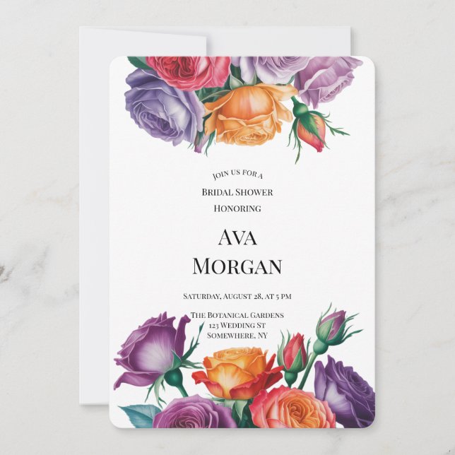 Invitation Mariage et Fête de Fiançailles Roses Orange Violet (Devant)