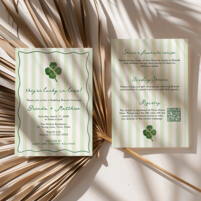 Invitation Mariage et Fête de Fiançailles St Patrick Moderne  (Lucky In Love St Patricks Day wedding shower invitations with modern stripes and squiggle border)