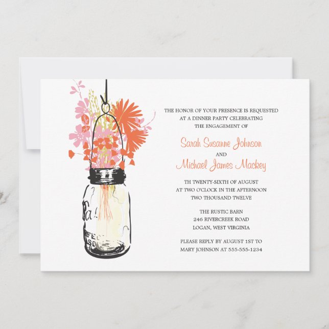 Invitation Mariage et Fiançailles au Pot Mason et Fleurs Sauv (Devant)