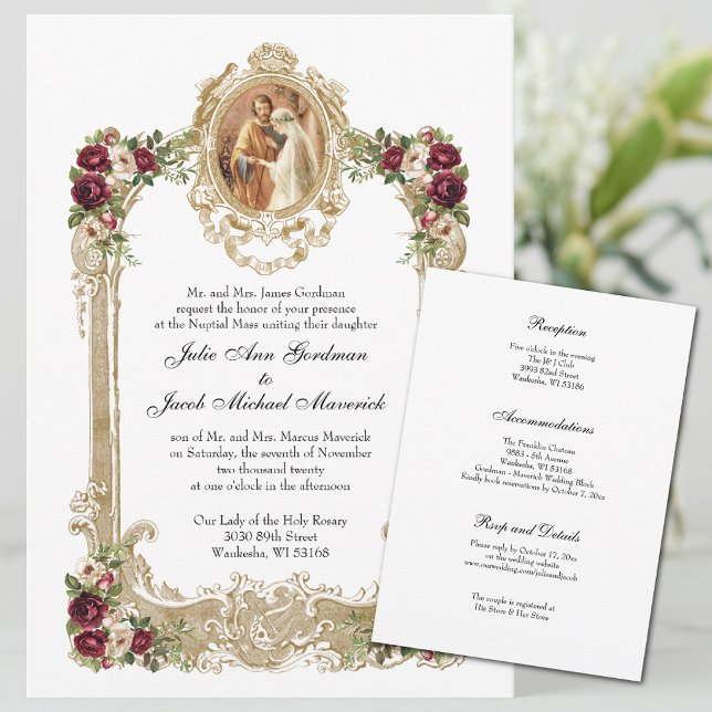 Invitation Mariage et réception Floral & Gold catholique (Coordinating wedding prayer cards available in our shop. )