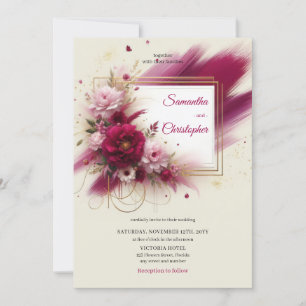 Invitation Mariage été fleur magenta et cadre faux or