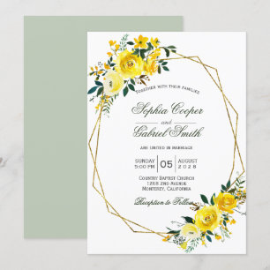 Invitation Mariage été jaune rose floral cadre or