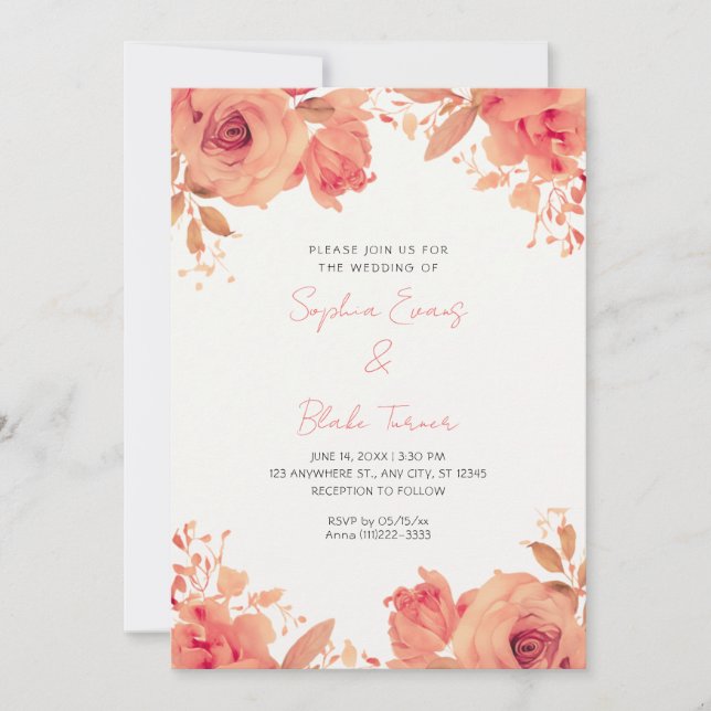 Invitation Mariage Été Roses Orange Romantiques Blanc Cassé (Devant)