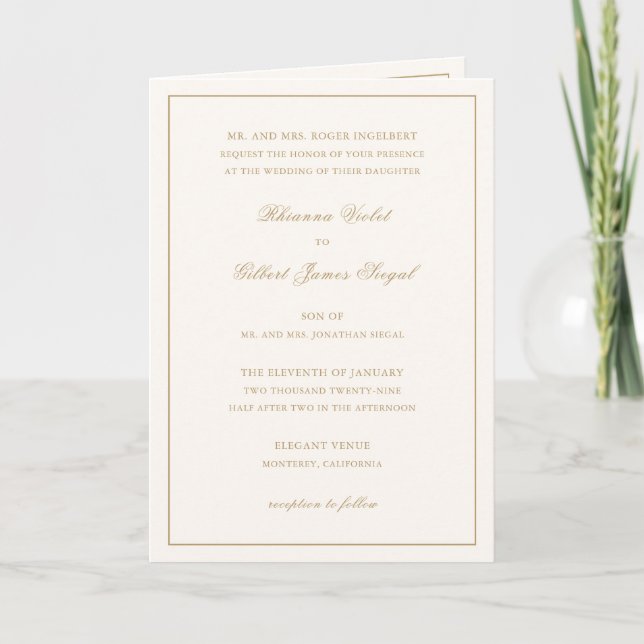 Invitation Mariage Éternel Classique Bordure Ivoire et Or (Devant)