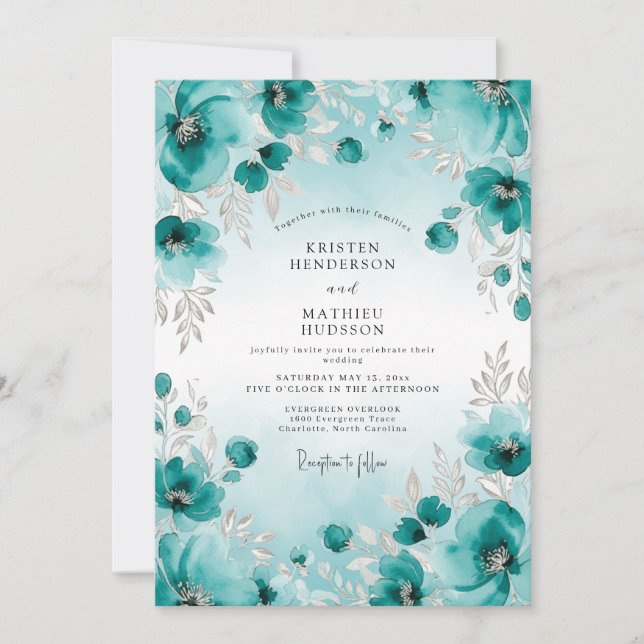 Invitation Mariage Éthéré Aquarelle Sarcelle (Devant)